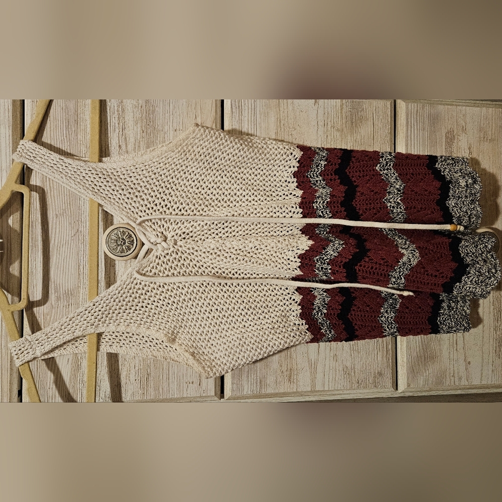 Warehouse Cream and Red V-Neck Sweater